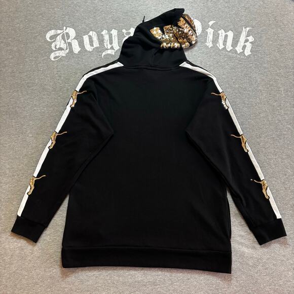 Victoria’s Secret PINK Gold Sequin Bling Pup Dog Pullover Hooded Sweatshirt - SM - Picture 2 of 11